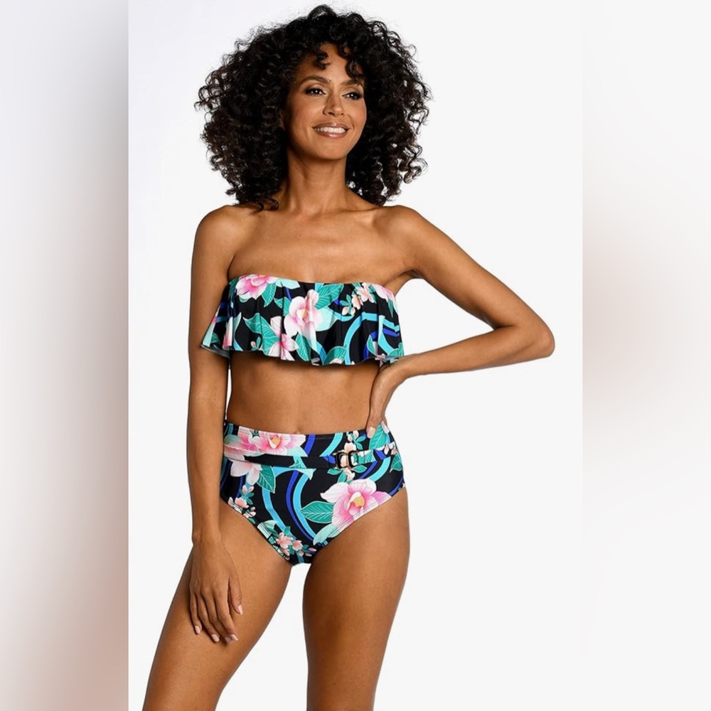 NWT $83 La Blanca Tropical Bandeau Bikini Swim Swimsuit Top 4 XS Black Floral